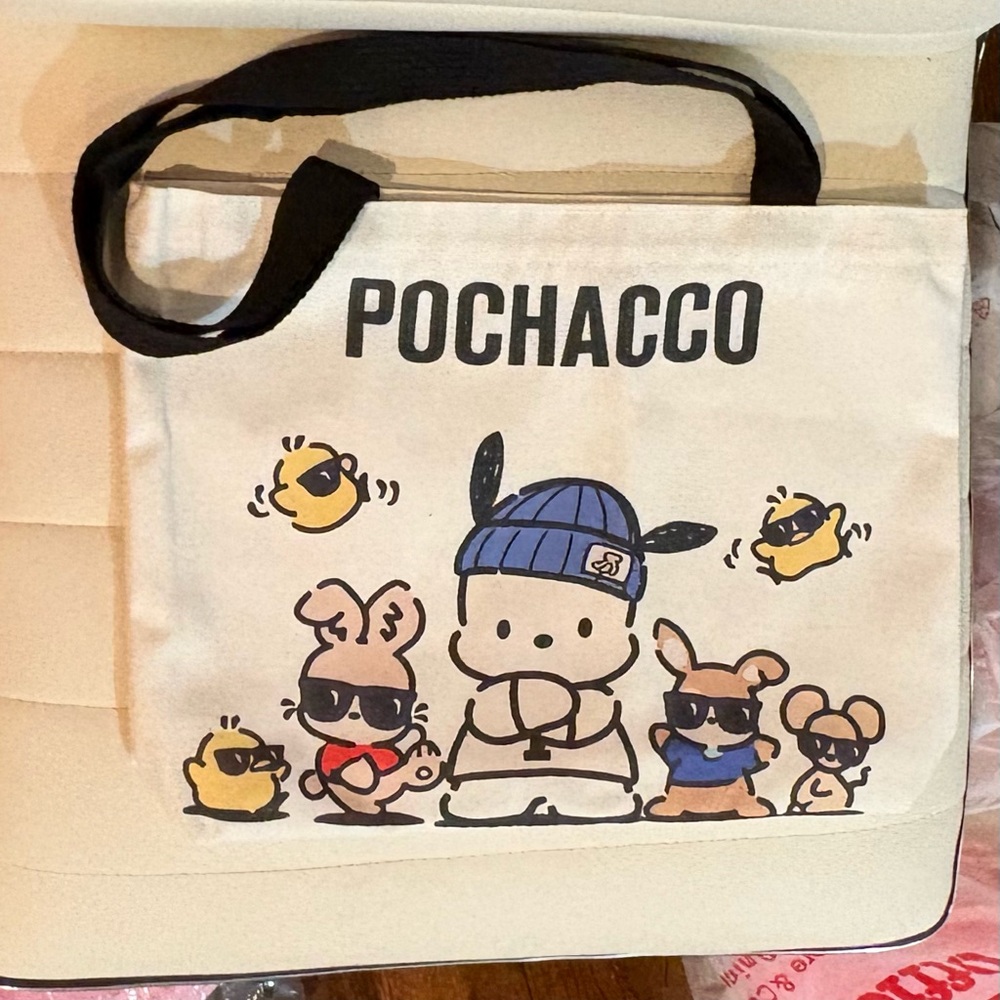 Pochacco Canvas Book Tote Bag - White with Black Strap